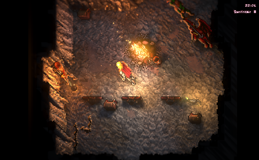 A cave with a campfire, relit