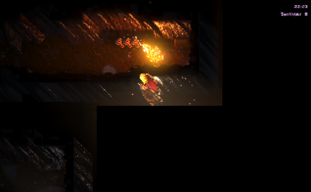 A cave with a fire and glowing haze, relit