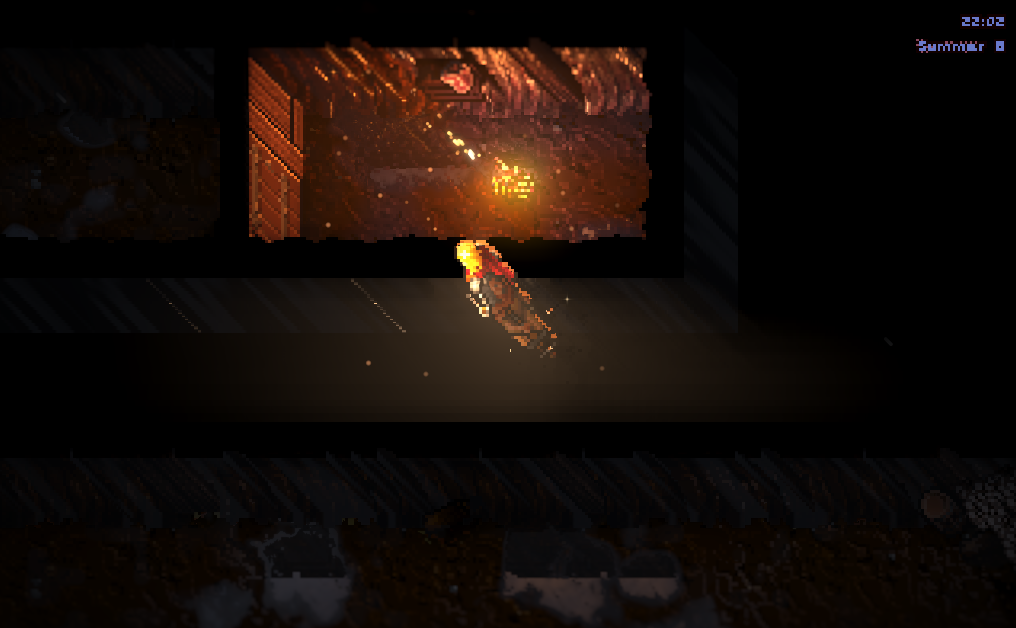 A cave passage lit only by a torch, relit