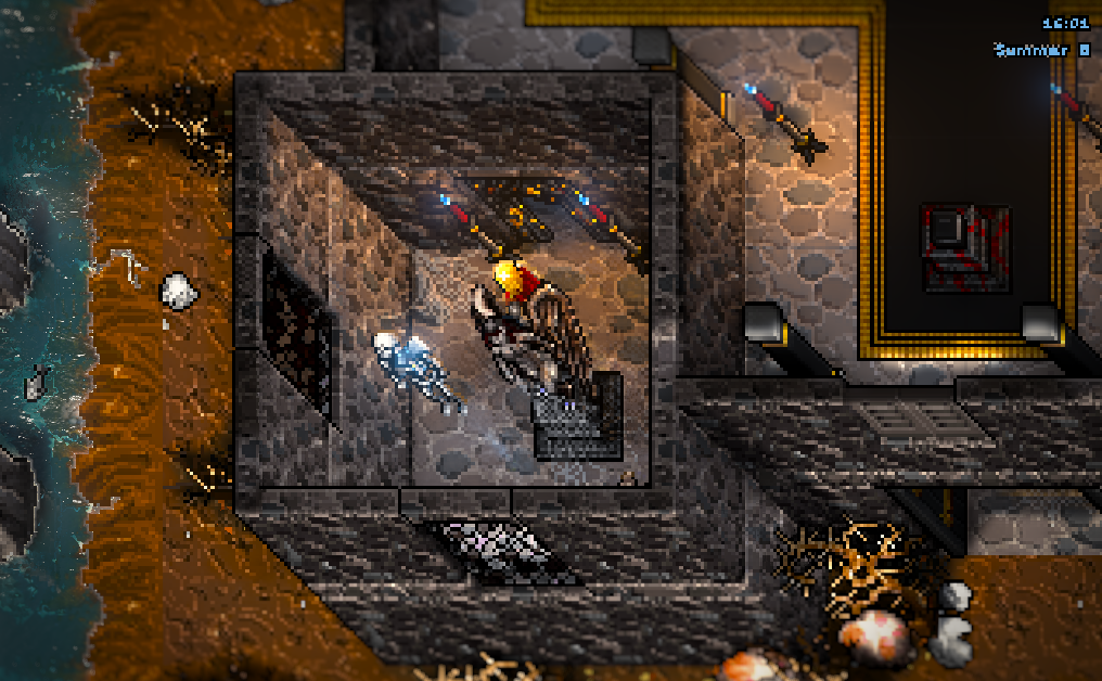 A crypt chamber with a skeleton at 16:00, relit