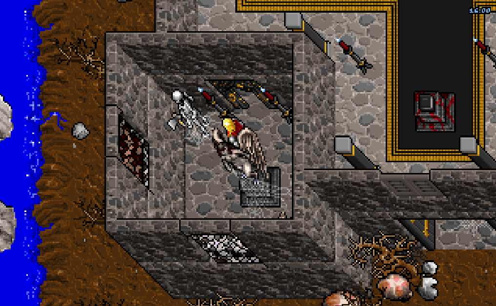 A crypt chamber with a skeleton at 16:00, original