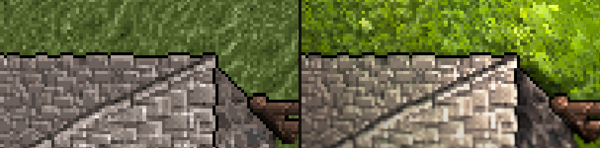 A lawn close up, original and with blades of grass