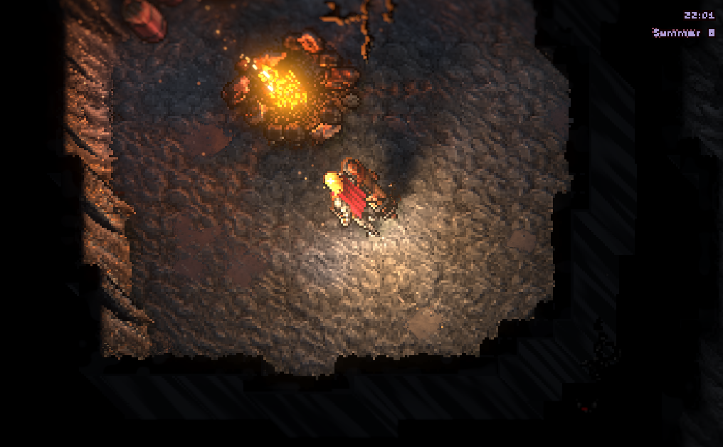 A cave camp lit by a campfire, relit