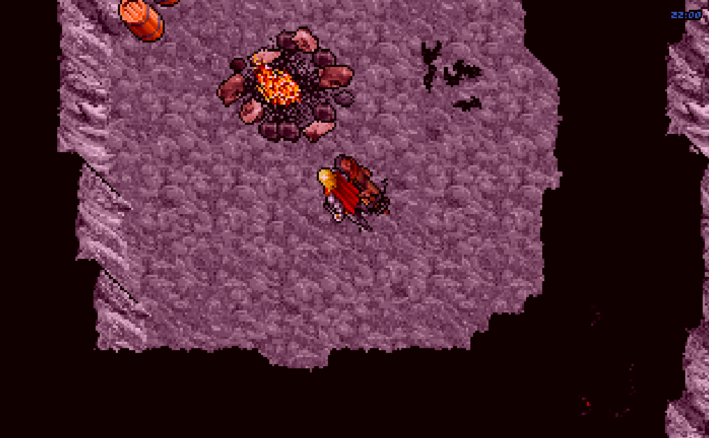 A cave camp lit by a campfire, original