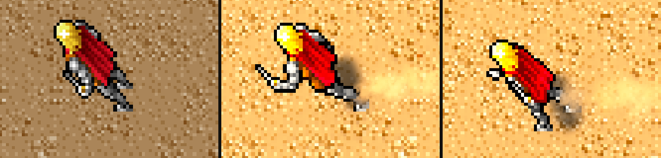 The Avatar walking west across desert sand: original, then with footprints and a puff of dust