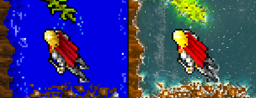 The Avatar standing in a stream: original, then knee deep in clear water