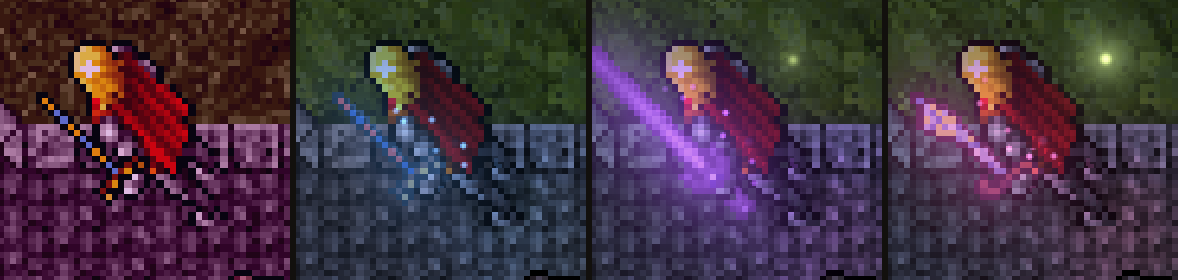 The Avatar at night holding, left to right: the magic sword in the original, then the magic sword, the Black Sword and Magebane relit
