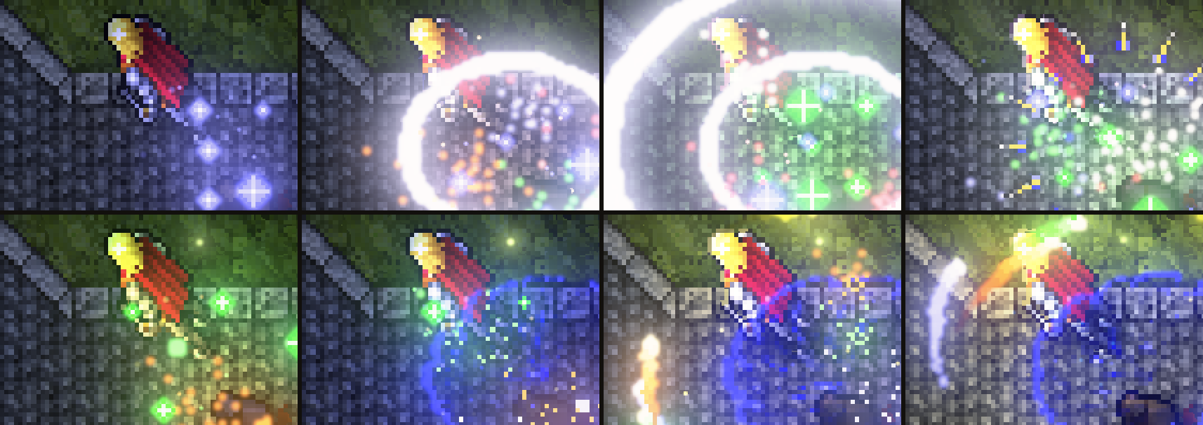 Eight spell effects at night: sparkles, a ring, a starburst, a vortex and swirling comets