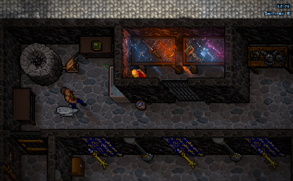 Magic weapons in display cases, relit