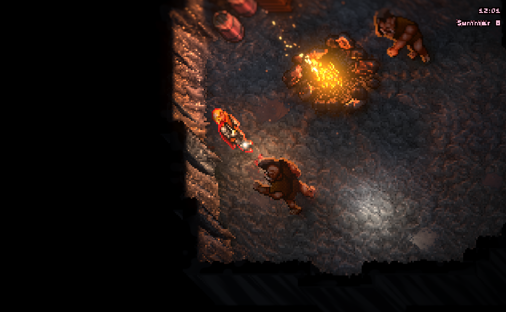 A campfire cave with a pool mirroring the fire, wet walls and crystals, relit