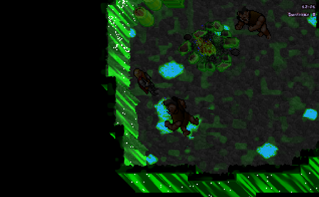 Debug view of a cave: pools, wet rock and crystals