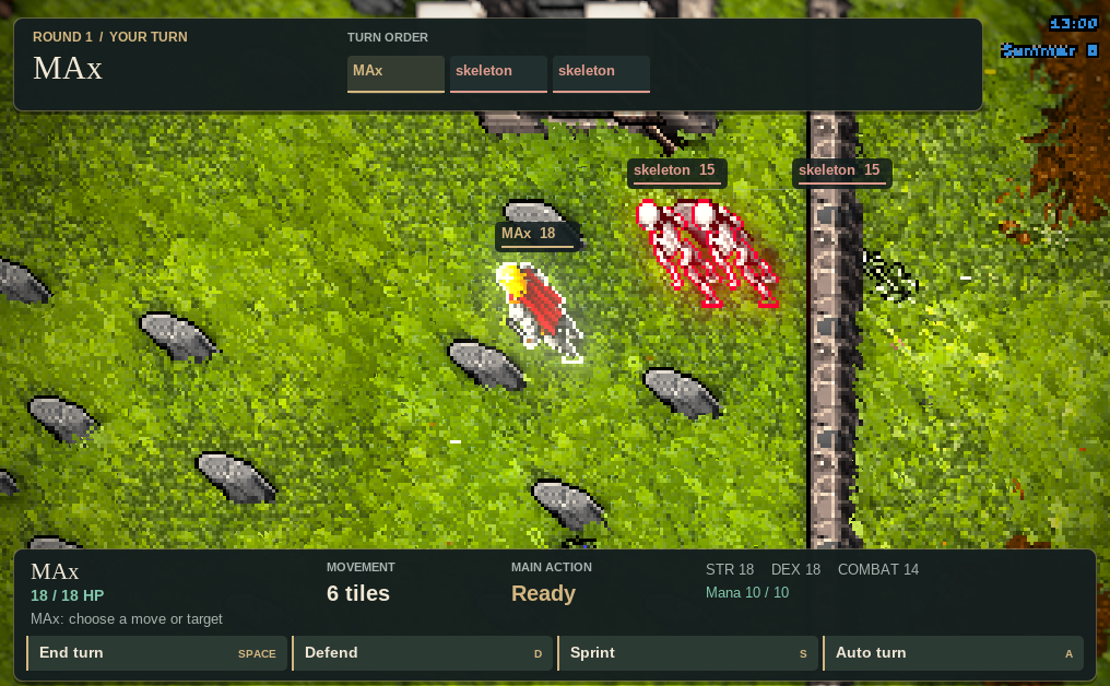 A turn-based fight in the Yew graveyard, with names and health over the fighters and the round's panel at the top