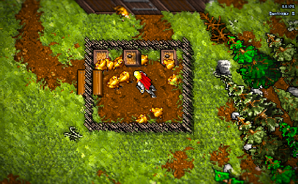 The same coop with hens pecking and a cat by the door, relit