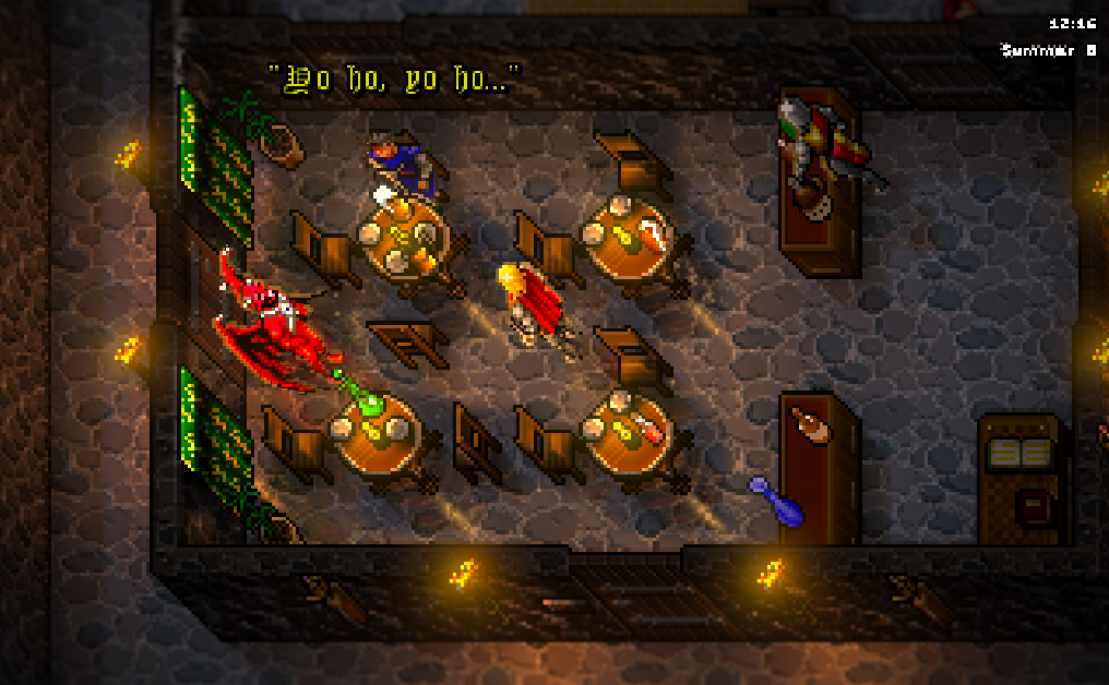 The Jhelom inn at noon, lit by its sconces and table candles, relit