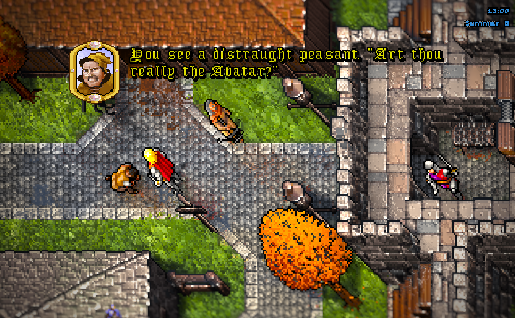 The Avatar talking to a peasant inside the Trinsic gate, with the conversation box and his portrait