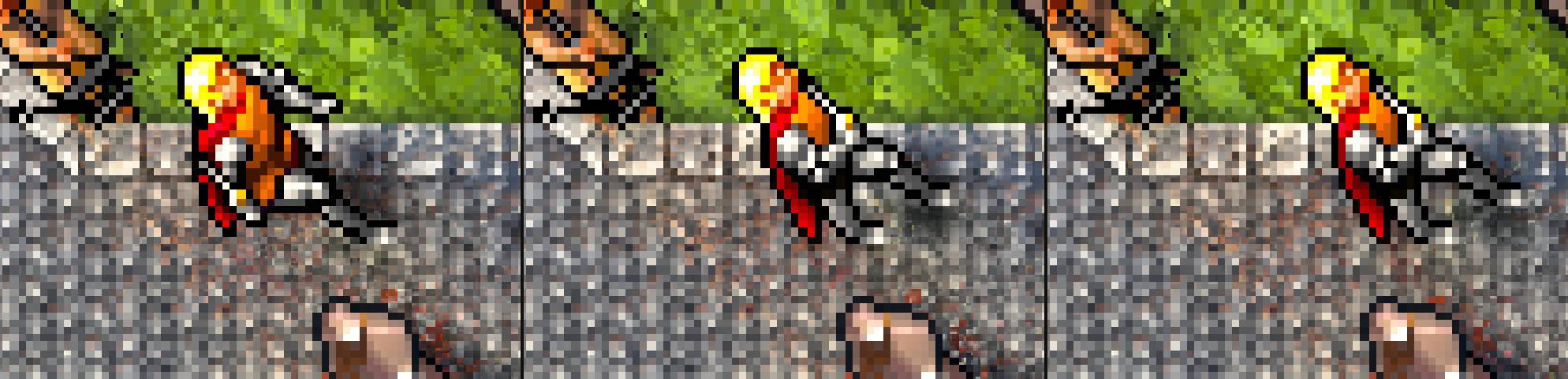 Three frames a fraction of a second apart as the Avatar walks east, between tiles